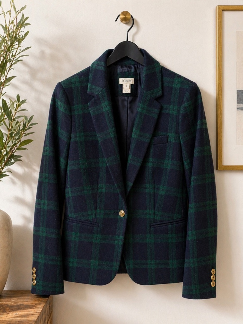 J. Crew Navy and Green Plaid Single-Button Blazer NWT